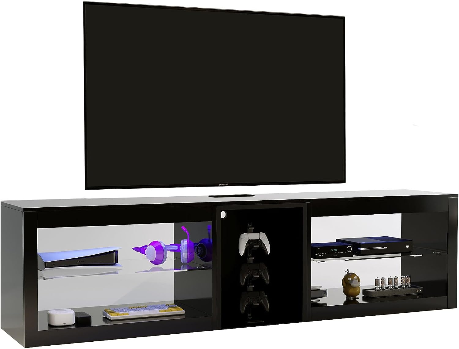 ChVans Modern LED TV Stand for TVs up to 70" with Adjustable LED Lights/Outlet, High Gloss Entertainment Center with Open Shelves Storage, Media Console TV Stands for Living Room, Game room, Bedroom