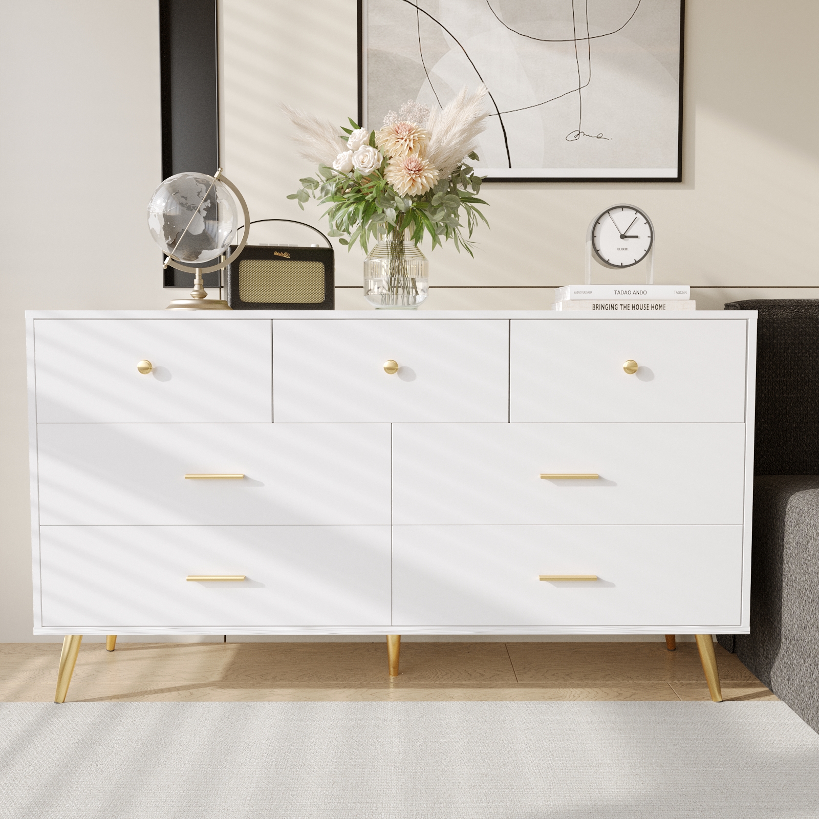 6 Drawer Dresser for Bedroom, Modern Wood Dresser with Wide Drawers and Metal Handles, Storage Chest of Drawers for Living Room Hallway Entryway
