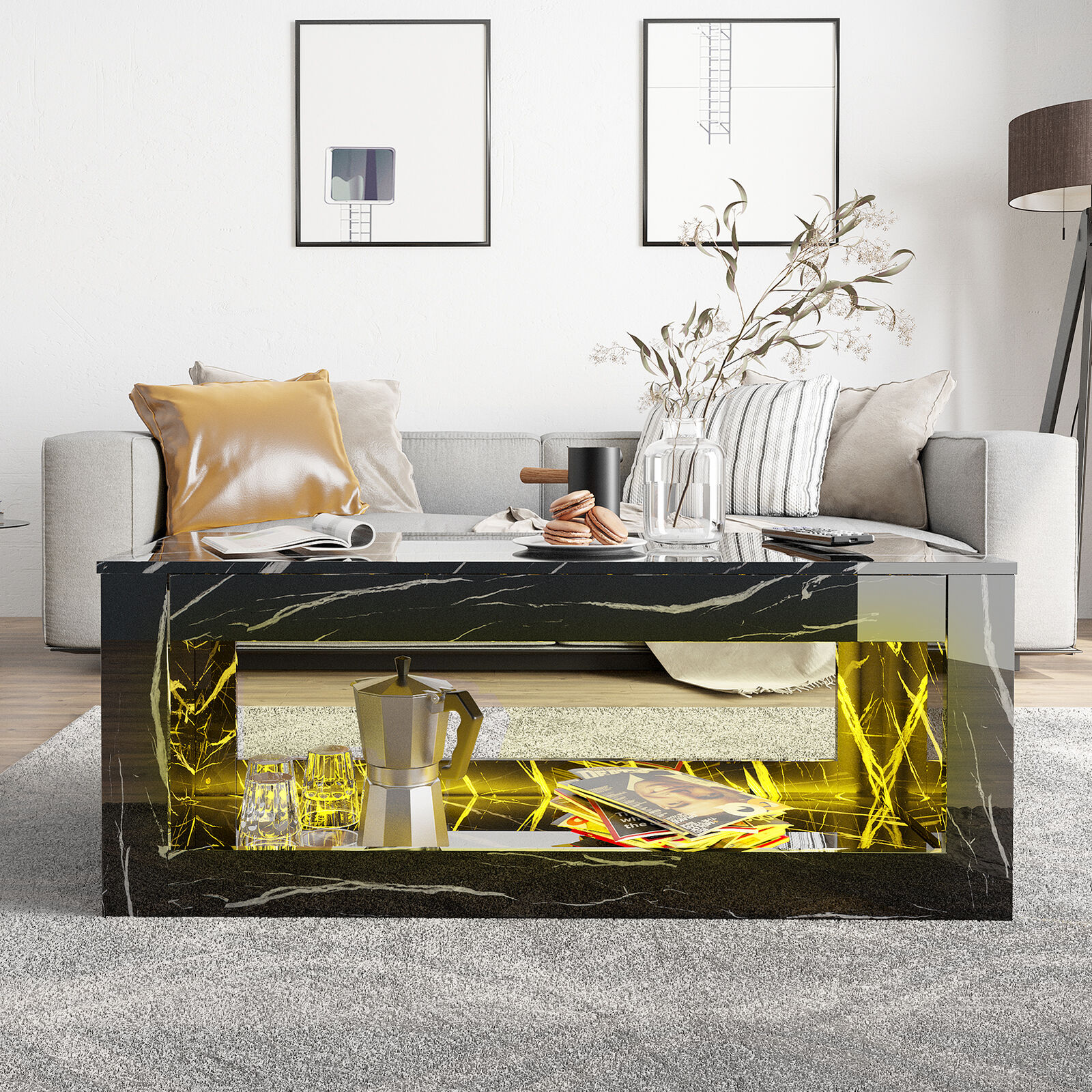 ChVans LED Coffee Table with Open Storage, Modern White Coffee Table with 16 Colors LED Lights, Rectangle Center End Table with Marbling Print for Living Room Bedroom