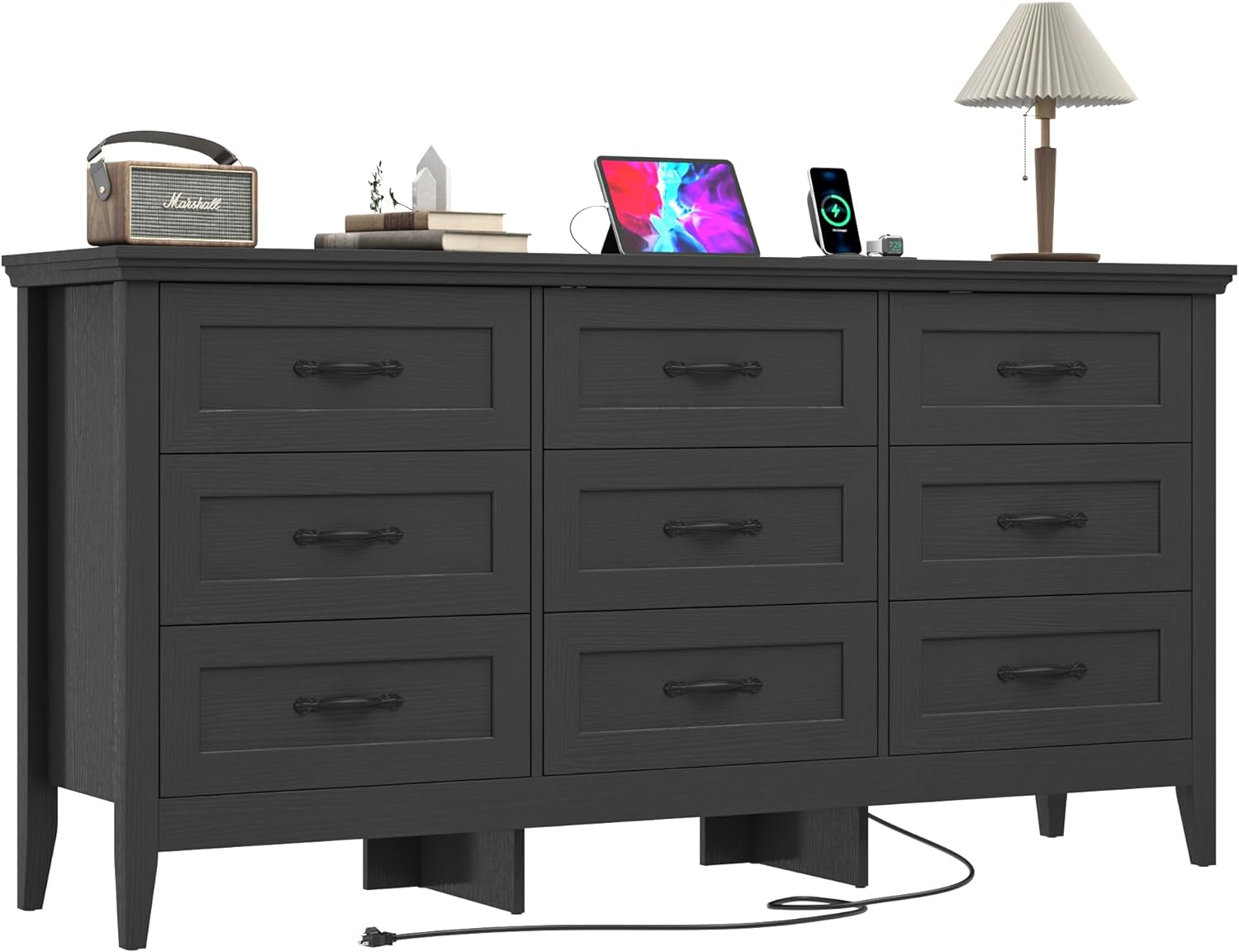 ANPOO 9 drawer dresser for Bedroom, Farmhouse Long Dresser with Charging Station and Antique Handles, Wood Chest of Drawers for Living Room, Entryway, Hallway, Hallway(Black)