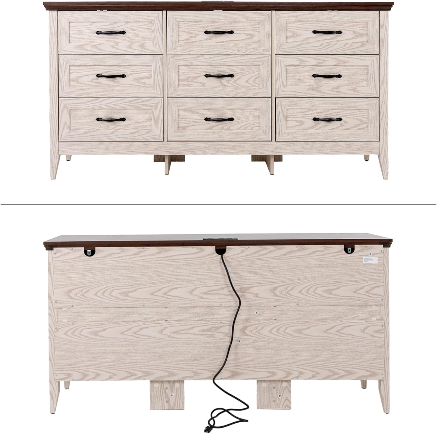 ANPOO 9 drawer dresser for Bedroom, Farmhouse Long Dresser with Charging Station and Antique Handles, Wood Chest of Drawers for Living Room, Entryway, Hallway, Hallway(Black)
