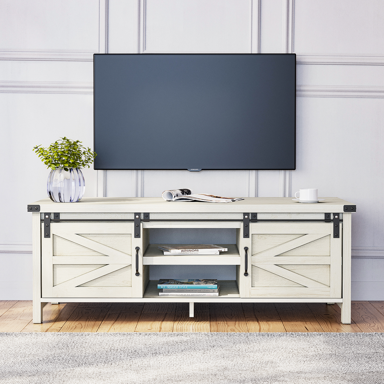 48" Modern Farmhouse Coffee Table with Adjustable Storage Cabinets Shelves, Modern Coffee Table for Living Room with Sliding Barn Door
