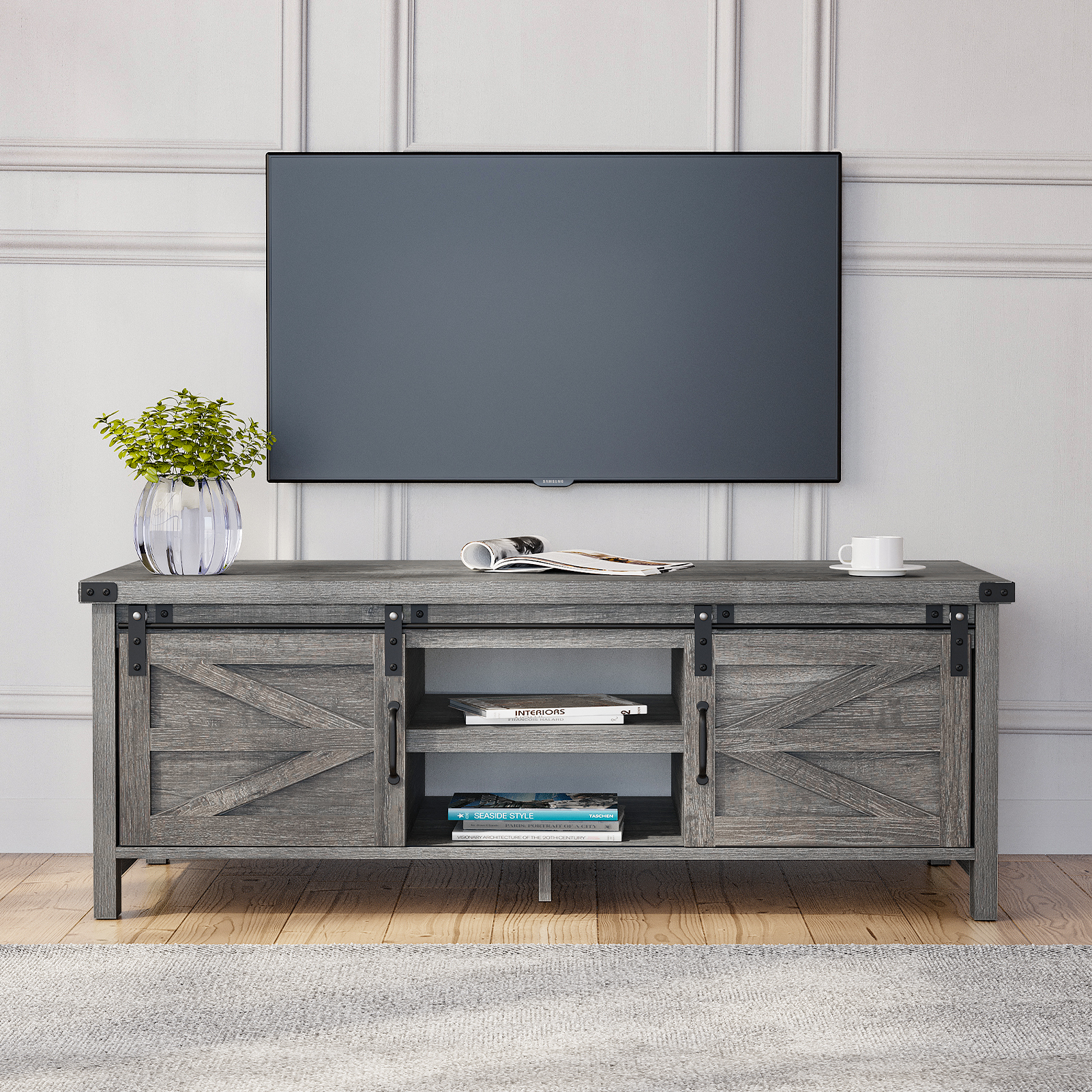 48" Modern Farmhouse Coffee Table with Adjustable Storage Cabinets Shelves, Modern Coffee Table for Living Room with Sliding Barn Door