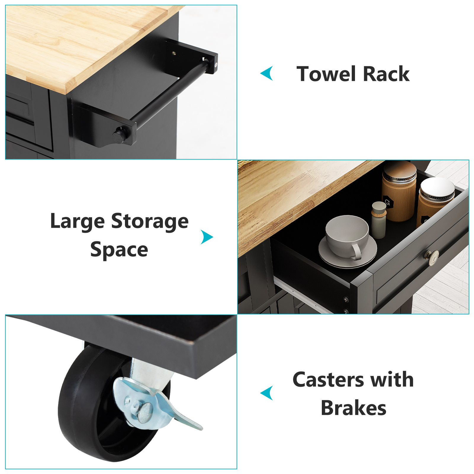 CAIDI Rolling Kitchen Island, Kitchen Cart with Rubber wood Countertop, Lockable Casters, Adjustable Shelves, Matte