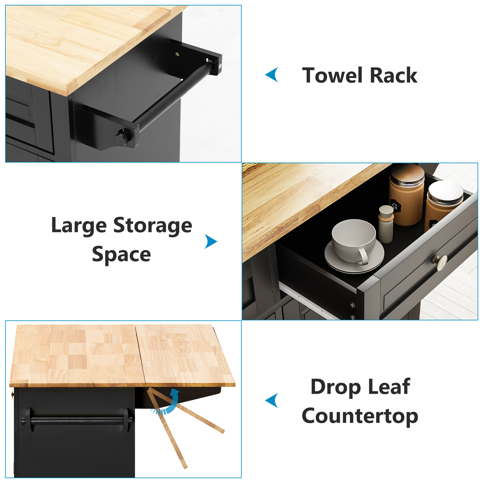 CAIDI Rolling Kitchen Island with Drop Leaf, Kitchen Cart with Rubber wood Countertop, Lockable Casters, Adjustable Shelves, Matte(Black-51.2"x29.5"x35.8")