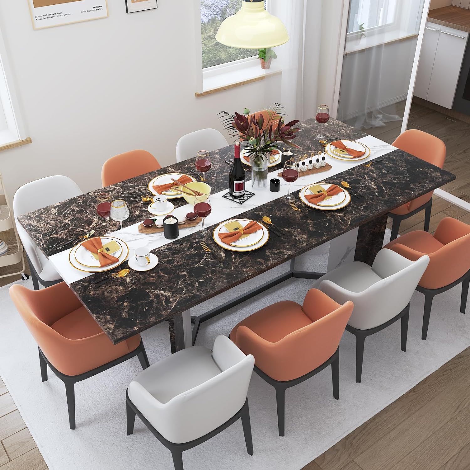 71 inch Large Rectangular Dining Table for 6-8 People, Dining Table with Marble-Color Wood Waterproof Tabletop and Adjustable Leg, 6ft Luxurious Family Dinner Table for Office Kitchen Living Room