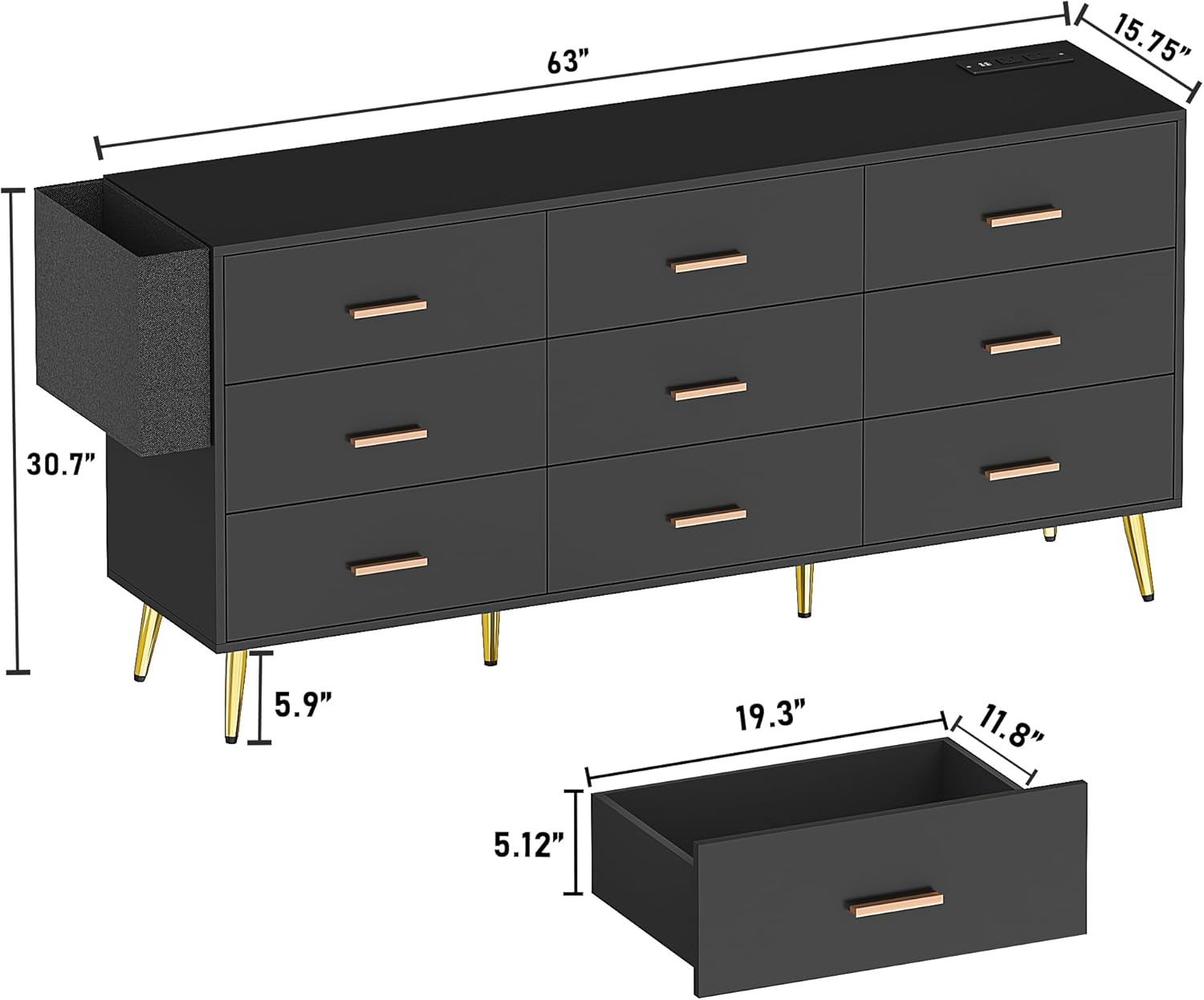 Yaoping 9 Drawer Dresser for Bedroom, Modern Wood Dresser with Wide Drawers and Metal Handles, Storage Chest of Drawers for Living Room Hallway Entryway