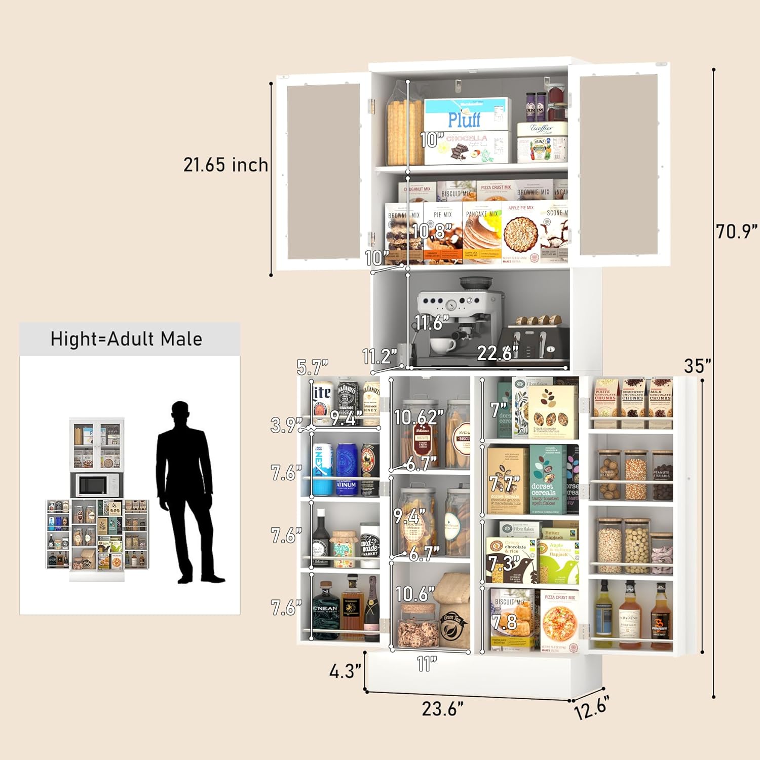ChVans 71" Tall Pantry Cabinet, Storage Cabinet with Glass Doors and Microwave Stand, Freestanding Kitchen Hutch Food Pantry Cabinet with Adjustable Shelves for Kitchen Dining, Living Room