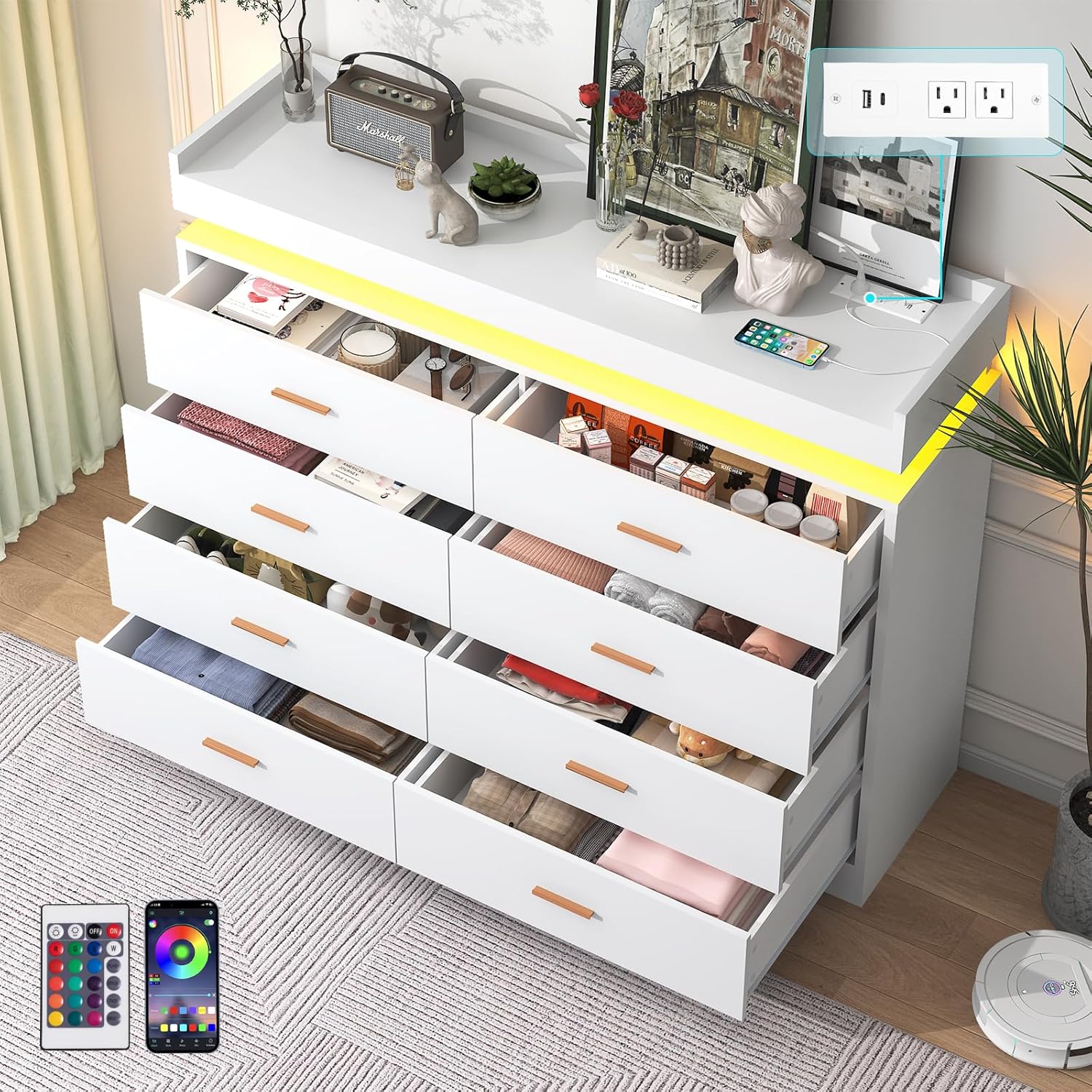 ANPOO 8 Drawer Dresser with Charging Station and LED Lights, Modern Wood Dresser with Wide Drawers and Metal Handles for Bedroom, Living Room