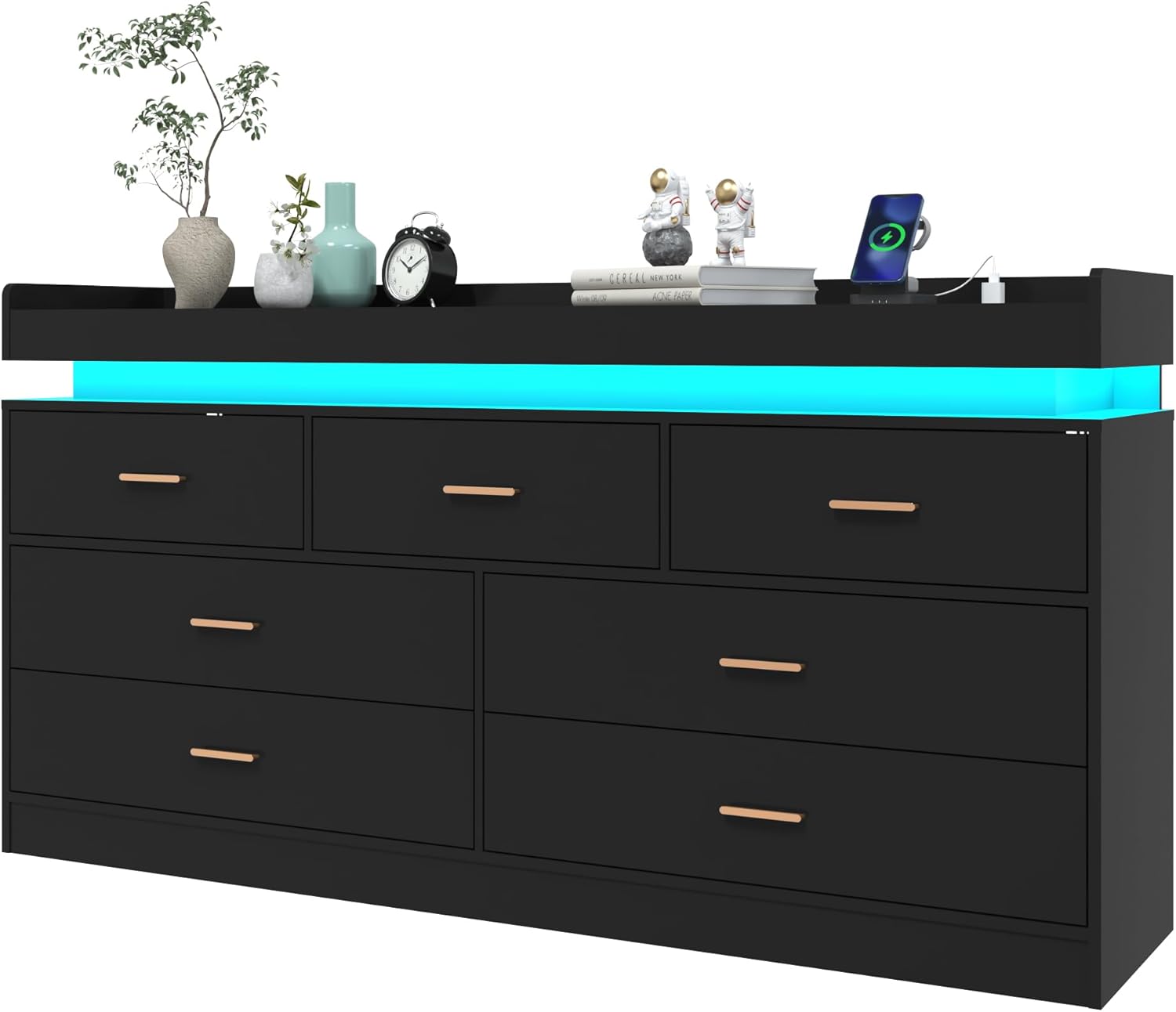 ChVans White Dresser with LED Light and Charging Station, Modern Wood Dresser with Wide Drawers and Metal Handles, 7 drawer dresser for Bedroom, Living Room, Entryway, Hallway