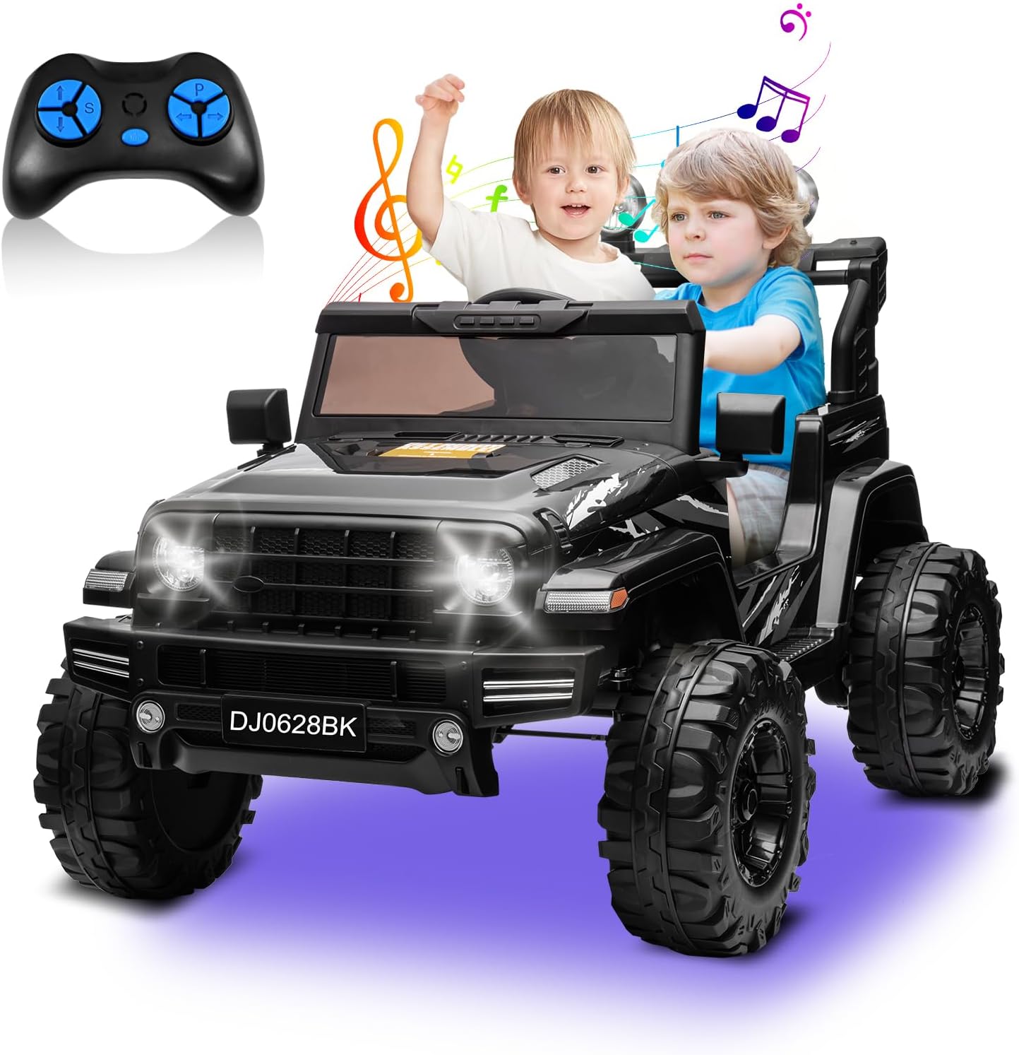24V Kids Electric Ride on Car, 2-Seat Battery Powered Toy with LED Lights and Remote Control, Battery Powered Wheels Truck with USB Ports, MP3 Player, for Boys, Girls