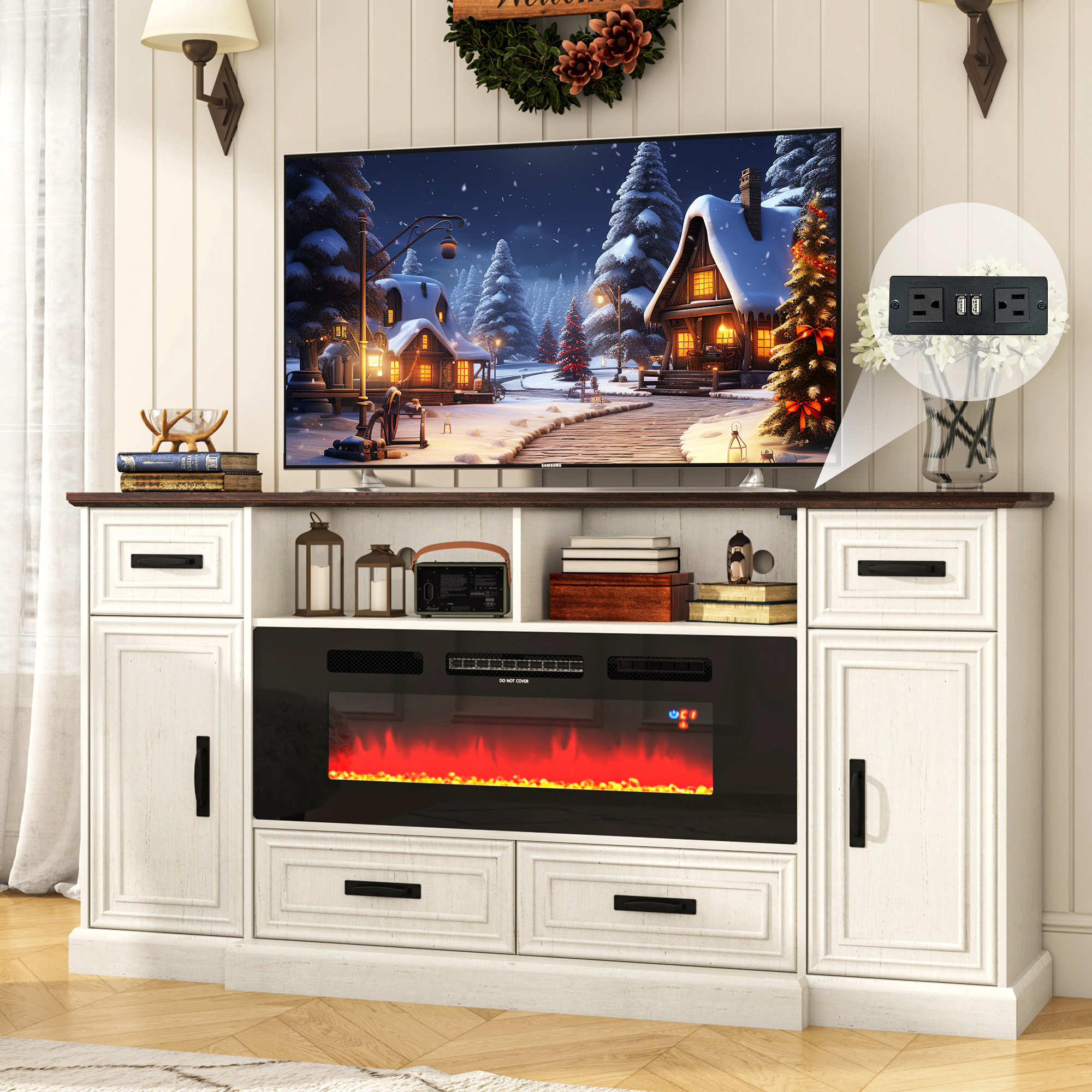 ChVans Farmhouse Fireplace TV Stand for 80" TV, Entertainment Center with 40'' Electric Fireplace & LED Lights, Modern Media Console with Storage Drawers & Cabinets & Power Outlets, Antique White