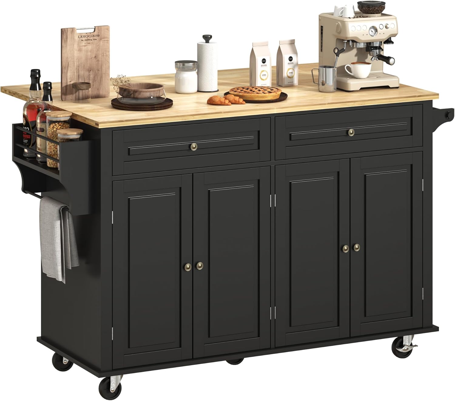 ChVans 59" W Kitchen Island with Drop Leaf, Rolling Kitchen Cart with Storage on Wheels, Large Island Table for Kitchen with Rubber Wood Top and Rack and Drawer