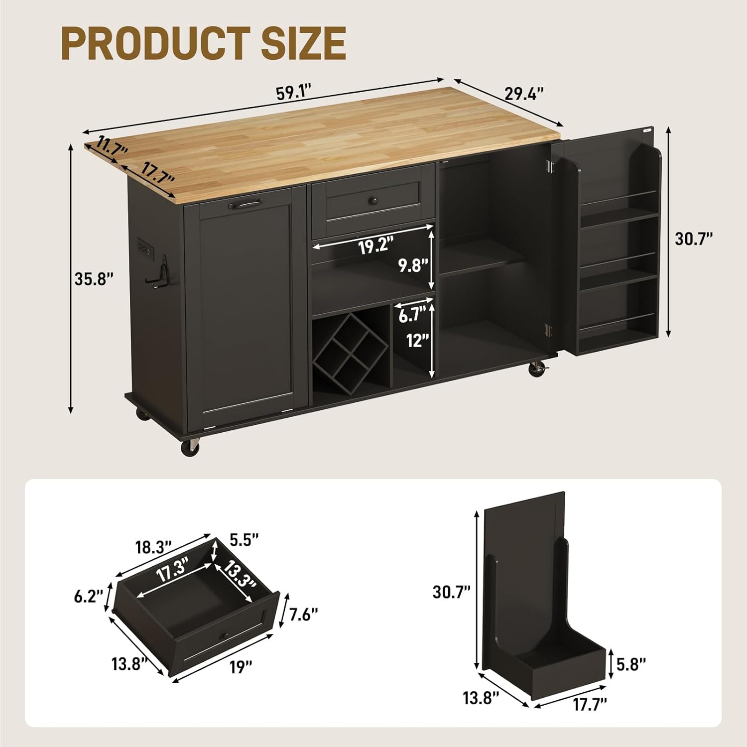 ChVans 59" Kitchen Island On Wheels, Rolling Kitchen Island Cart with Drop Leaf Countertop, Portable Mobile Kitchen Island with Towel Rack, Spice Rack Shelf and Lockable Wheels
