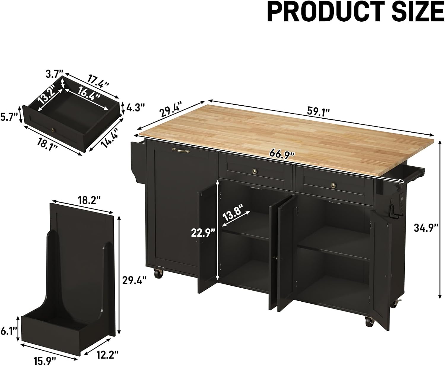 ANPOO 67" Rolling Kitchen Island with Drop Leaf, Tilt Out Kitchen Trash Cabinet 10 Gallon Storage, Kitchen Cart Island with Rubber wood Top, Spice Rack and Drawers