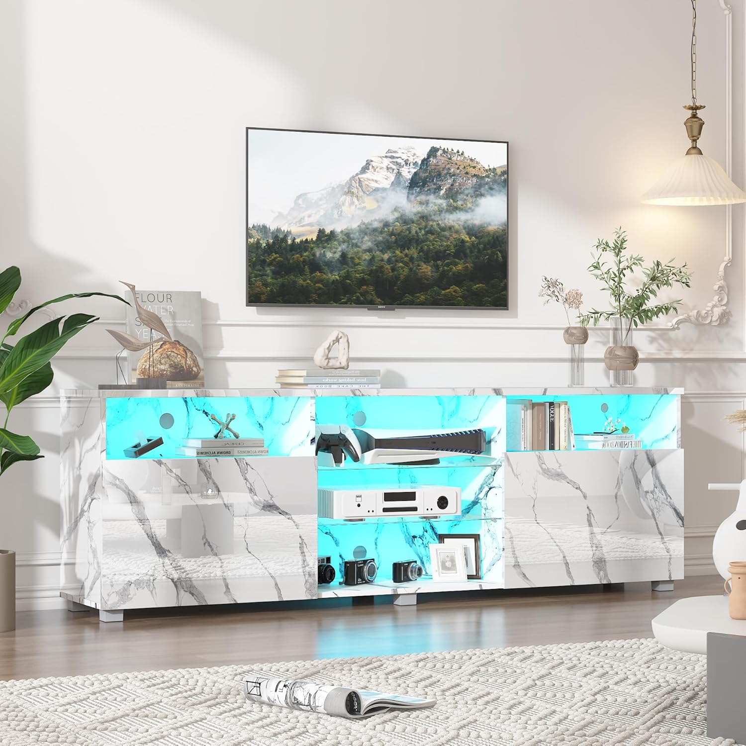 ANPOO LED TV Stand for 70/75/80 inch TV, High Glossy Entertainment Center with Drawer and Led Lights, Media Console for Living Game Room Bedroom