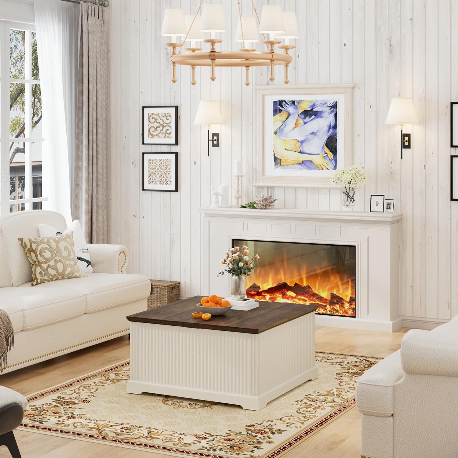 ANPOO Farmhouse Lift Top Coffee Table with Hidden Large Storage, 35.8 Inch Fluted Wood Square Center Table for Living Room, Bedroom, Home Office