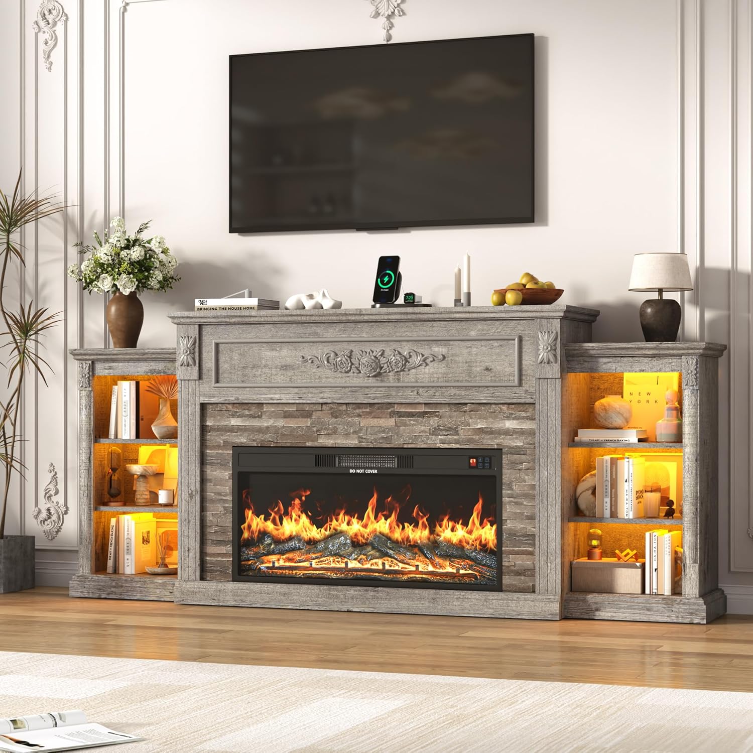 ANPOO 85" Electric Fireplace with Mantel, Fireplace TV Stand with 36" Fireplace for TVs Up to 95 Inch, 37.6" Tall Farmhouse Entertainment Center with LED Lights & Charging Station, Carved Decoration