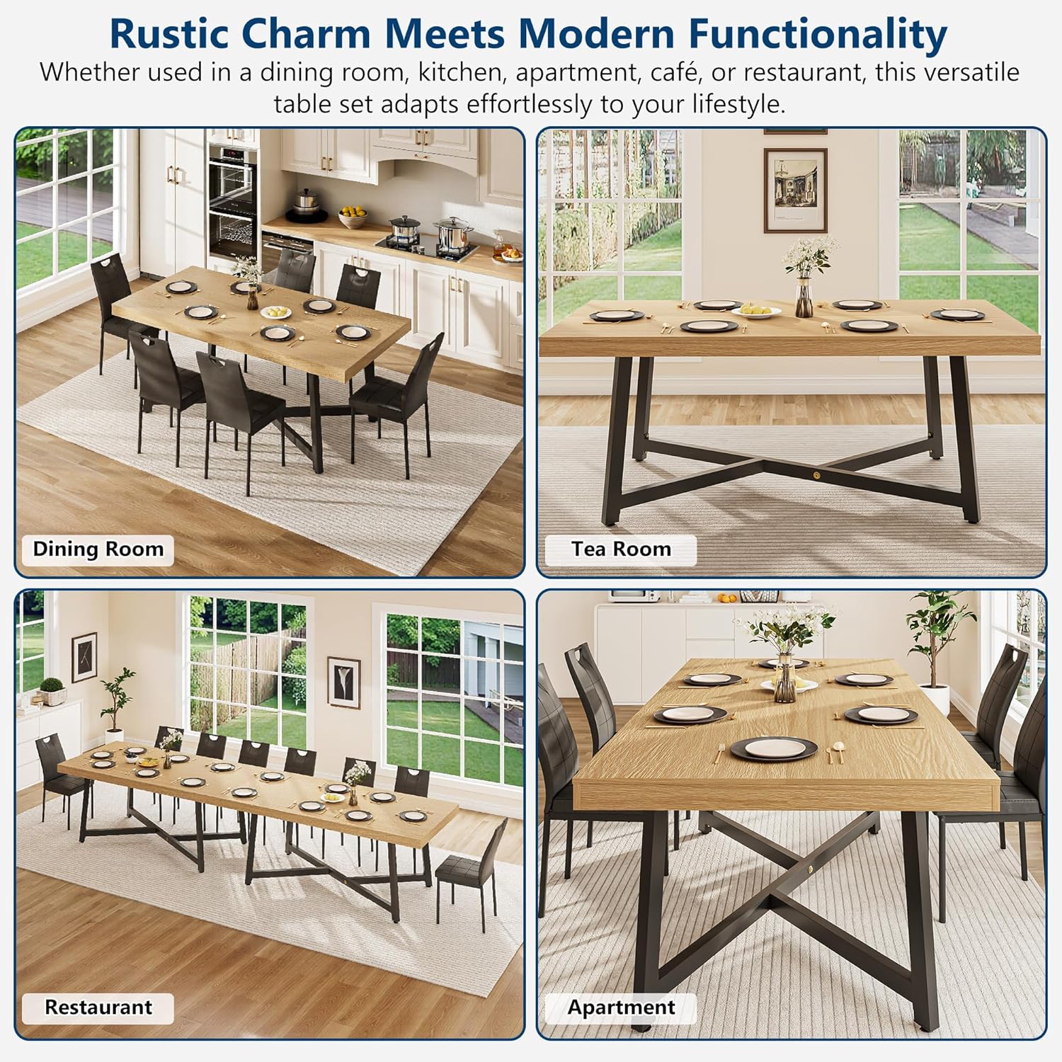 ANPOO 7 Pieces Dining Table & Chairs Set for 4-8 People, 71 Inch Kitchen Table with 6 Chairs, Rectangle Dining Table with Metal Legs for Dining Room, Living Room