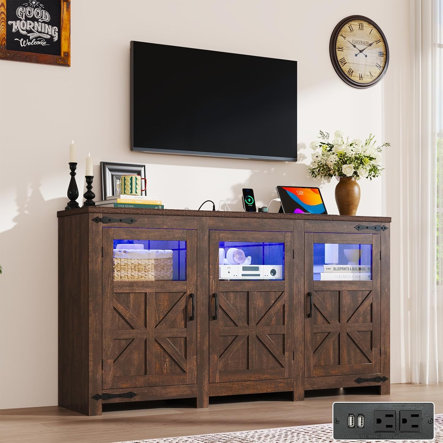 ChVans LED Farmhouse TV stand for up to 85" TVs with Power Outlet, 74" Large Entertainment Center Console Table, 33.5" Tall Rustic Media Console w/Storage Shelves for Living Room