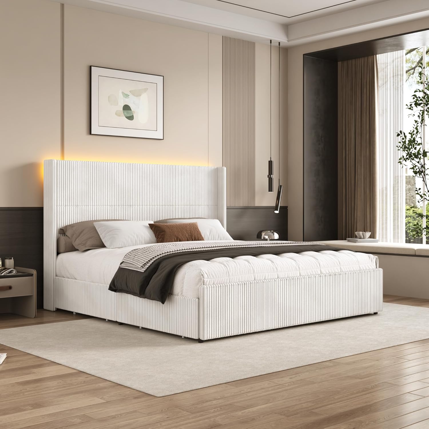 ChVans King Size LED Upholstered Bed Frame with Drawer, Wingback Platform Bed with 52" Headboard, Noise-Free Corduroy Bed No Box Spring Required