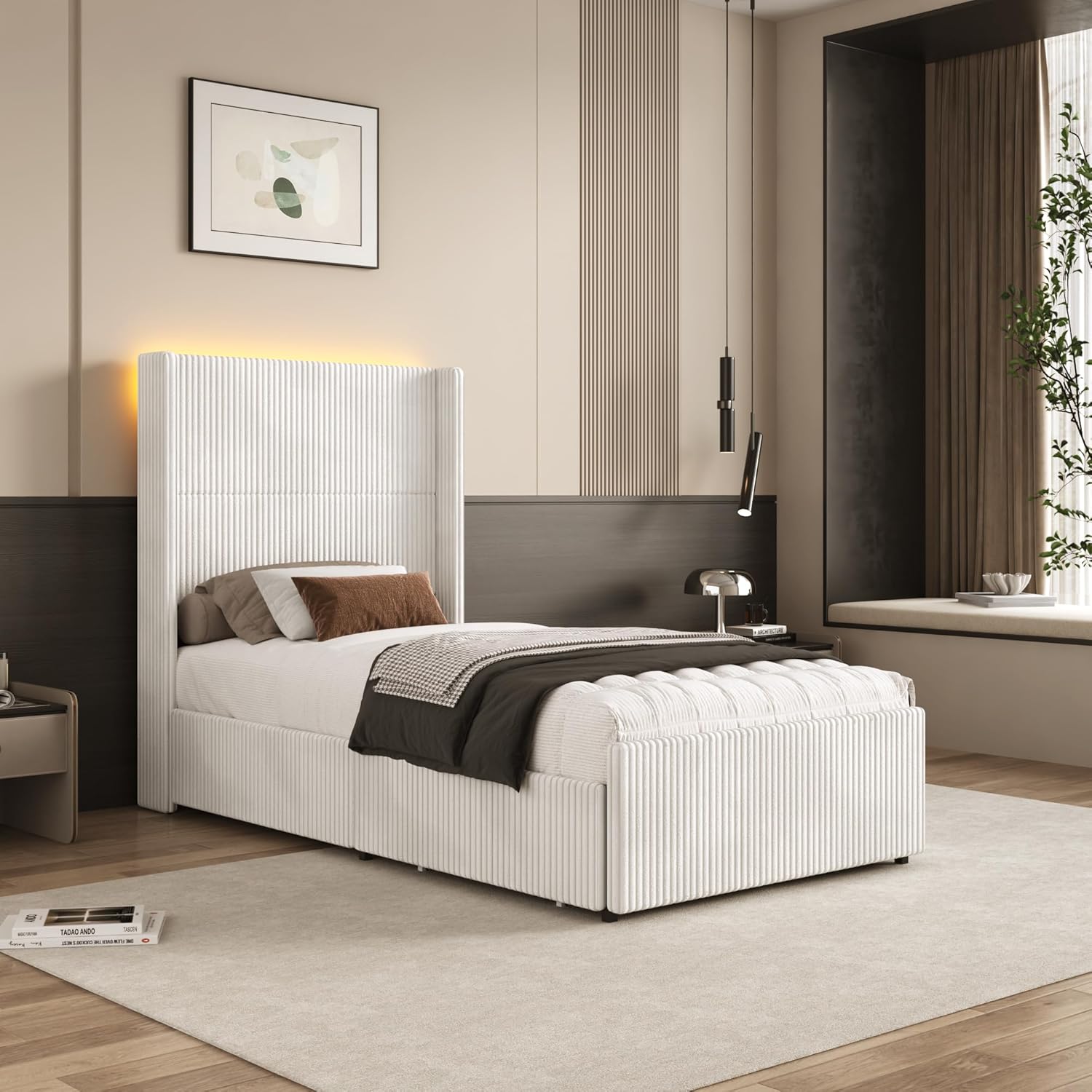 ChVans King Size LED Upholstered Bed Frame with Drawer, Wingback Platform Bed with 52" Headboard, Noise-Free Corduroy Bed No Box Spring Required