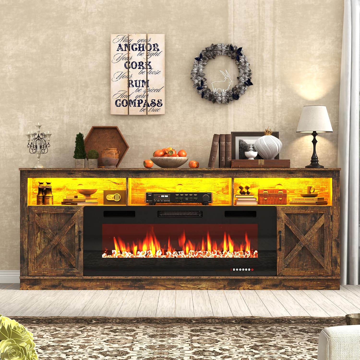 ChVans 83" Fireplace TV Stand for TVs up to 95" with 50" Electric Fireplace, Farmhouse Entertainment Center with LED, Wooden Media Console for Living Room, Bedroom