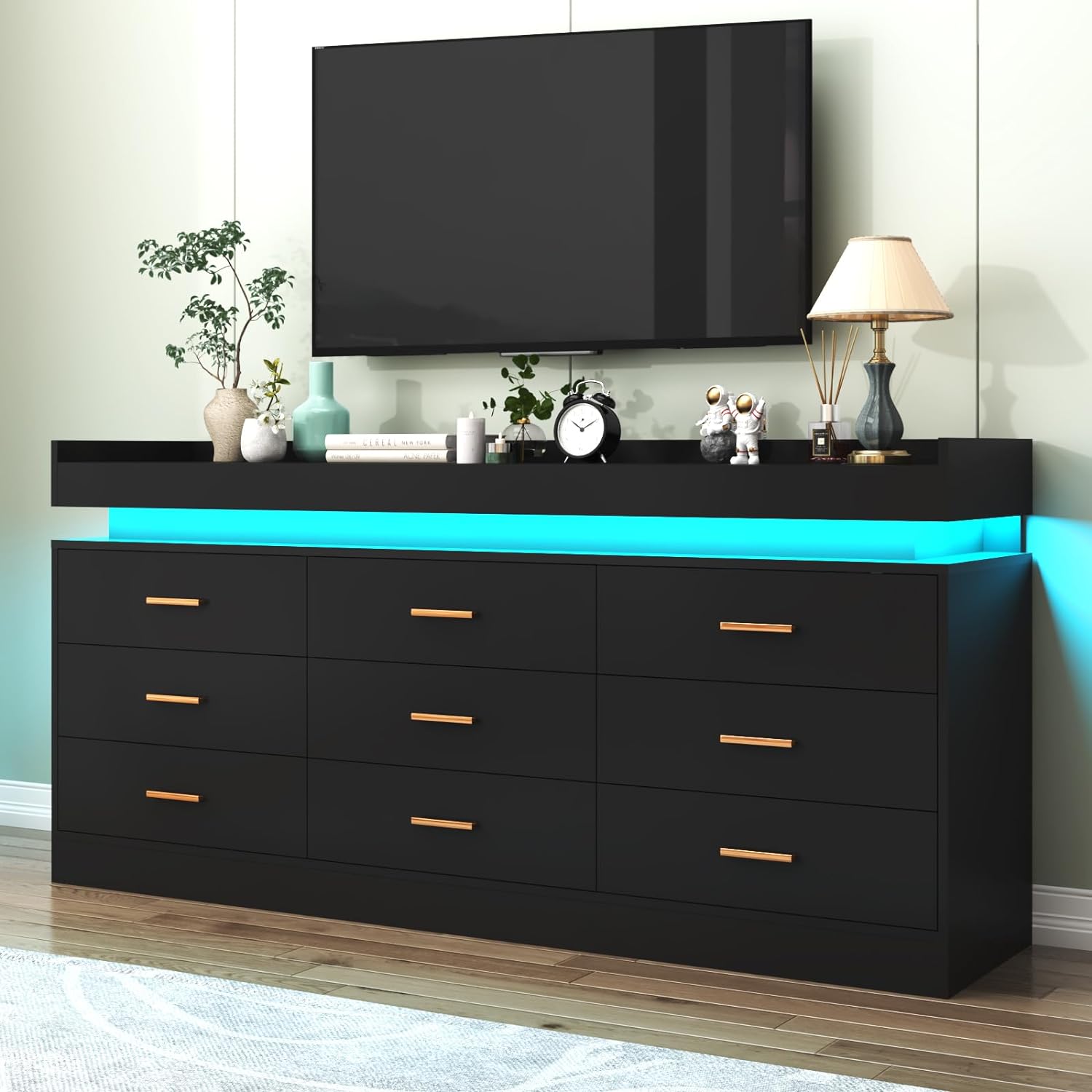 ChVans Black Dresser with LED Light, Modern Wood Dresser with Wide Drawers and Metal Handles, 9 drawer dresser for Bedroom, Living Room, Entryway, Hallway