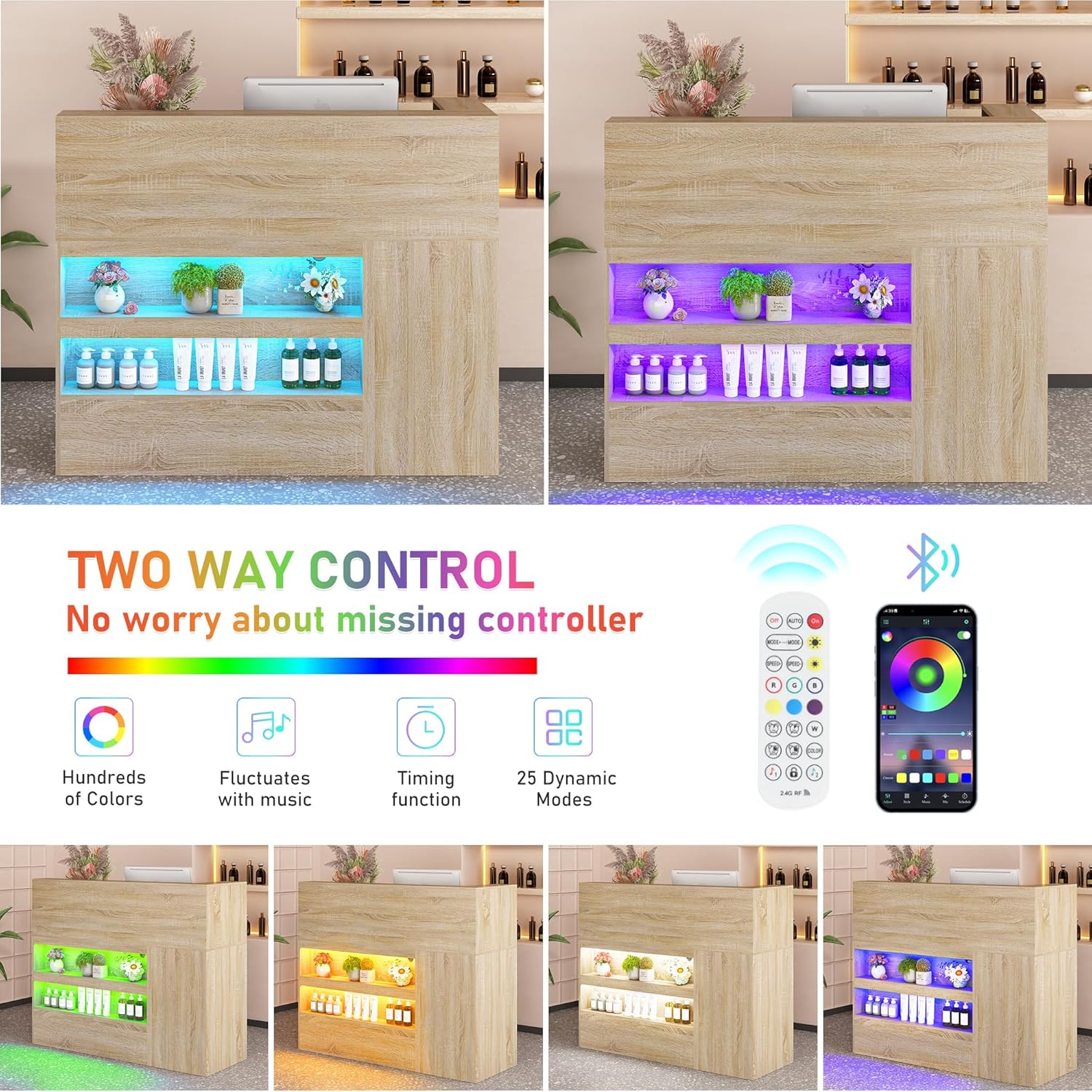 ANPOO 55" L-Shaped Reception Desk with LED Lights & Power Outlets - Front Desk with Cable Grommet & Lockable Drawers, Multi-Use Retail Checkout Counter for Lobby, Salon & Home Office