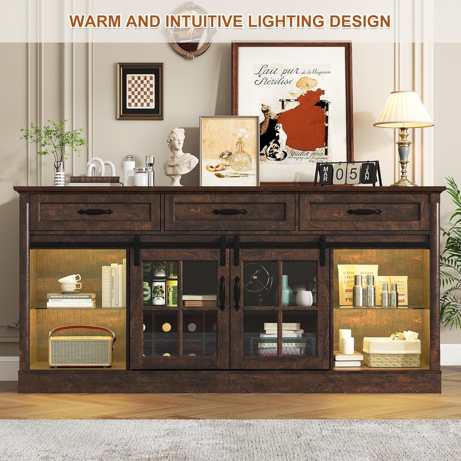 66" Large Sideboard Buffet Cabinet with Sensor Lights and 3 Drawers, Modern Farmhouse Coffee Bar Cabinet with 8 Storage Wine & Sliding Glass Doors for Kitchen Dining Room Living Room