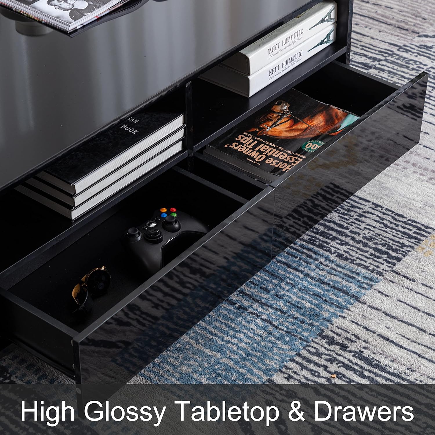 Chvans LED Coffee Table with 4 Storage Sliding Drawers, Black High Glossy Coffee Table with 16 Colors LED Lights, Rectangular Modern Center Table for Living Room