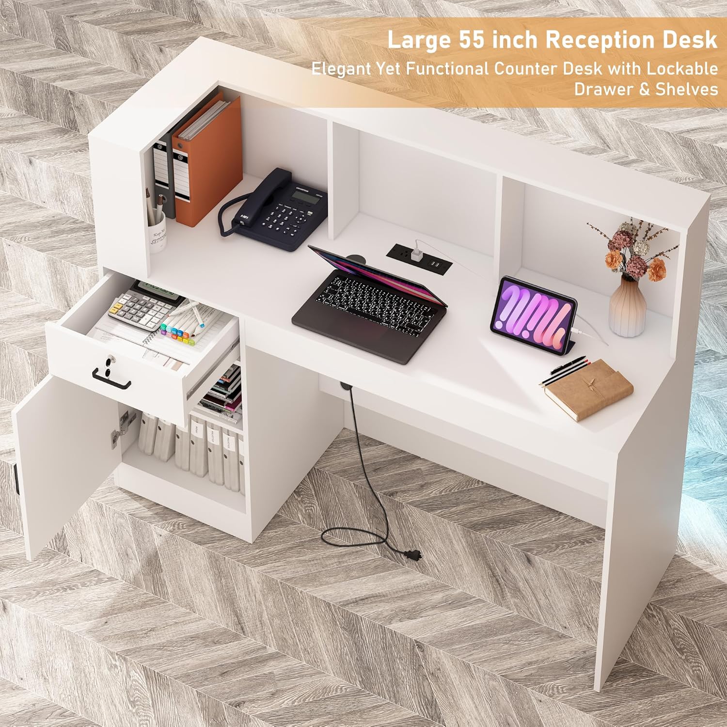 ANPOO 55" L-Shaped Reception Desk with LED Lights & Power Outlets - Front Desk with Cable Grommet & Lockable Drawers, Multi-Use Retail Checkout Counter for Lobby, Salon & Home Office