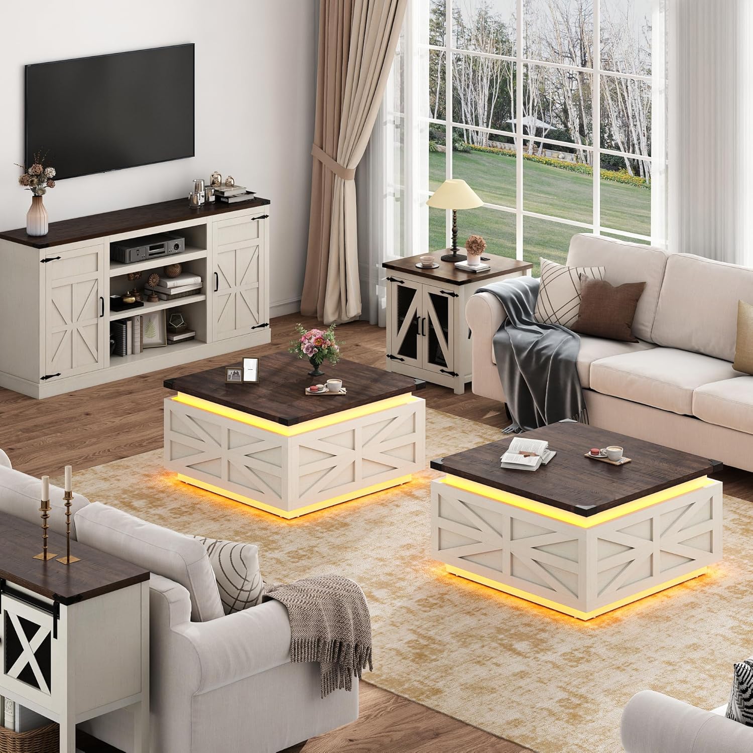 ChVans Farmhouse Lift Top Coffee Table, 35.8'' Large Square Coffee Table with Flip-Up Hidden Storage Compartment, White Center Table with LED Light for Living Room, Bedroom, Home Office