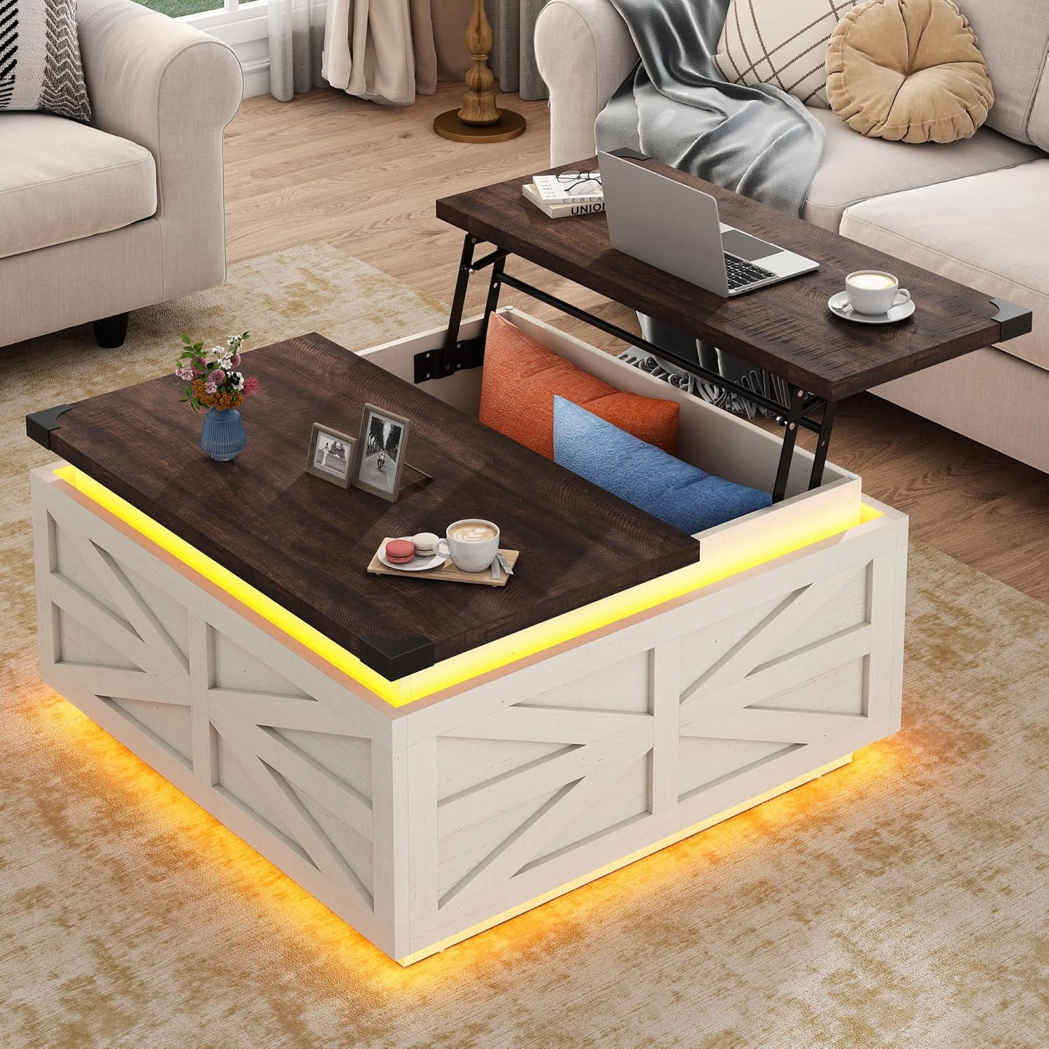 ChVans Farmhouse Lift Top Coffee Table, 35.8'' Large Square Coffee Table with Flip-Up Hidden Storage Compartment, White Center Table with LED Light for Living Room, Bedroom, Home Office
