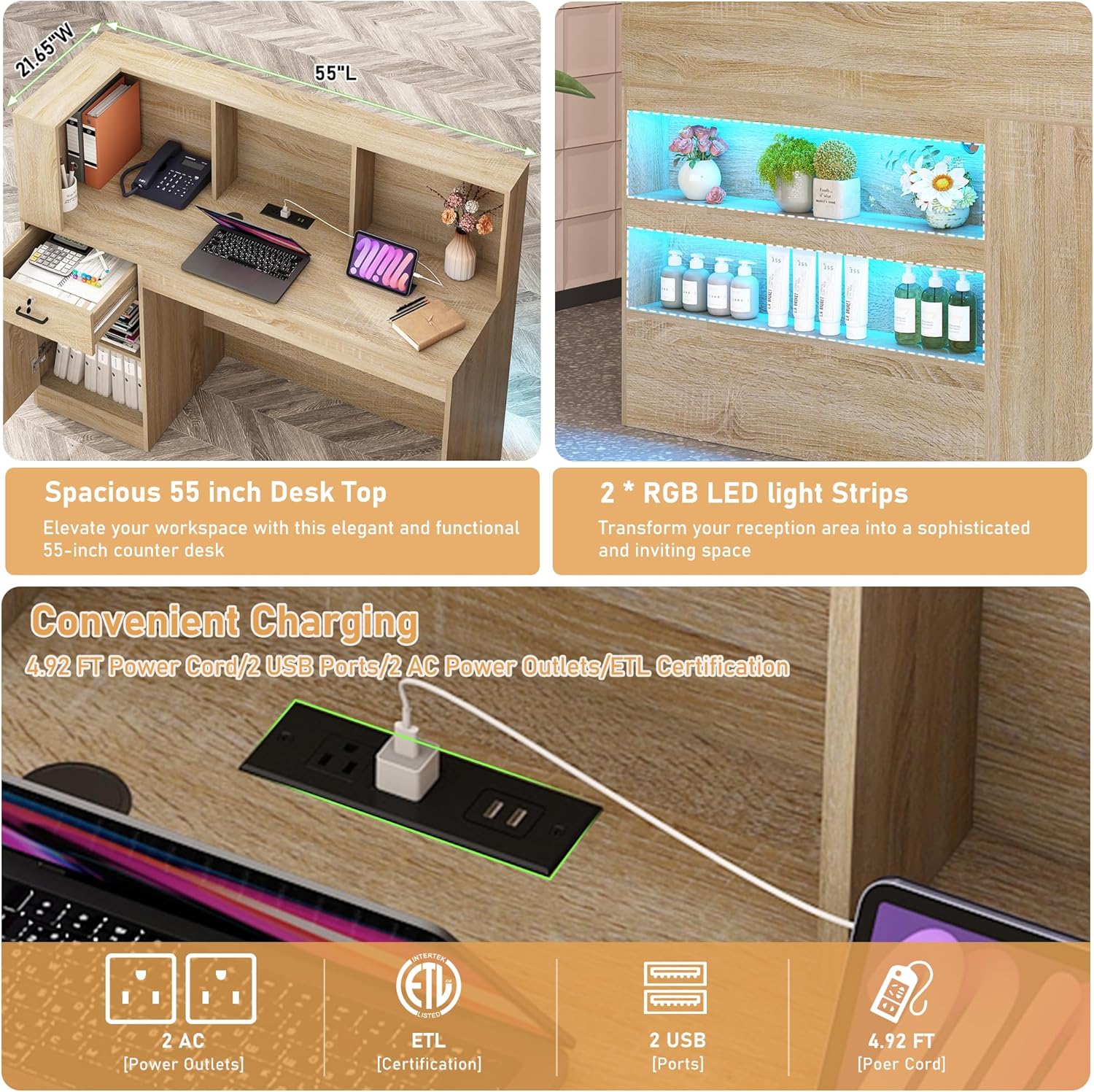 ANPOO 55" L-Shaped Reception Desk with LED Lights & Power Outlets - Front Desk with Cable Grommet & Lockable Drawers, Multi-Use Retail Checkout Counter for Lobby, Salon & Home Office