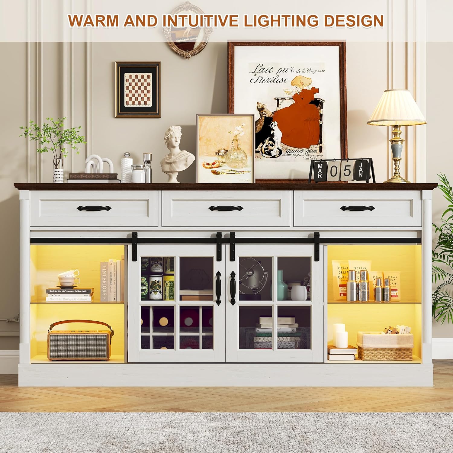 66" Large Sideboard Buffet Cabinet with Sensor Lights and 3 Drawers, Modern Farmhouse Coffee Bar Cabinet with 8 Storage Wine & Sliding Glass Doors for Kitchen Dining Room Living Room