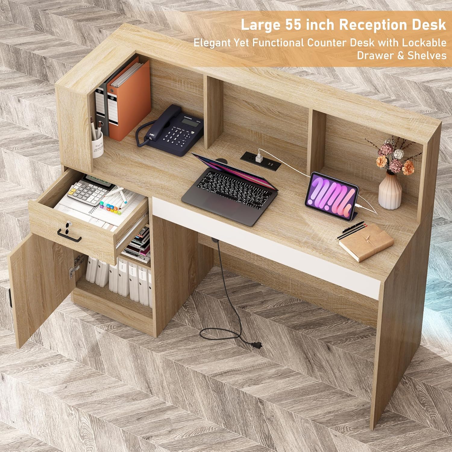 ANPOO 55" L-Shaped Reception Desk with LED Lights & Power Outlets - Front Desk with Cable Grommet & Lockable Drawers, Multi-Use Retail Checkout Counter for Lobby, Salon & Home Office