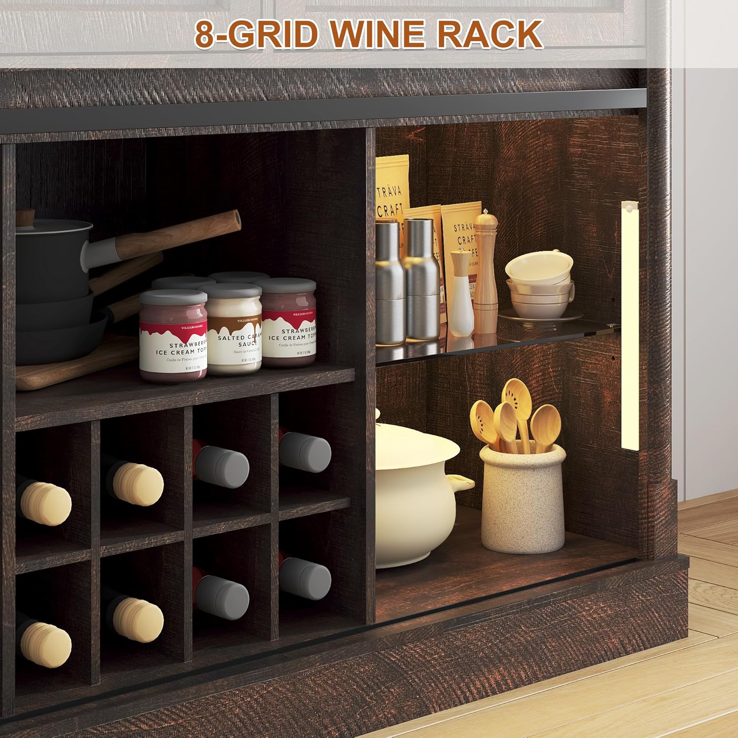 66" Large Sideboard Buffet Cabinet with Sensor Lights and 3 Drawers, Modern Farmhouse Coffee Bar Cabinet with 8 Storage Wine & Sliding Glass Doors for Kitchen Dining Room Living Room