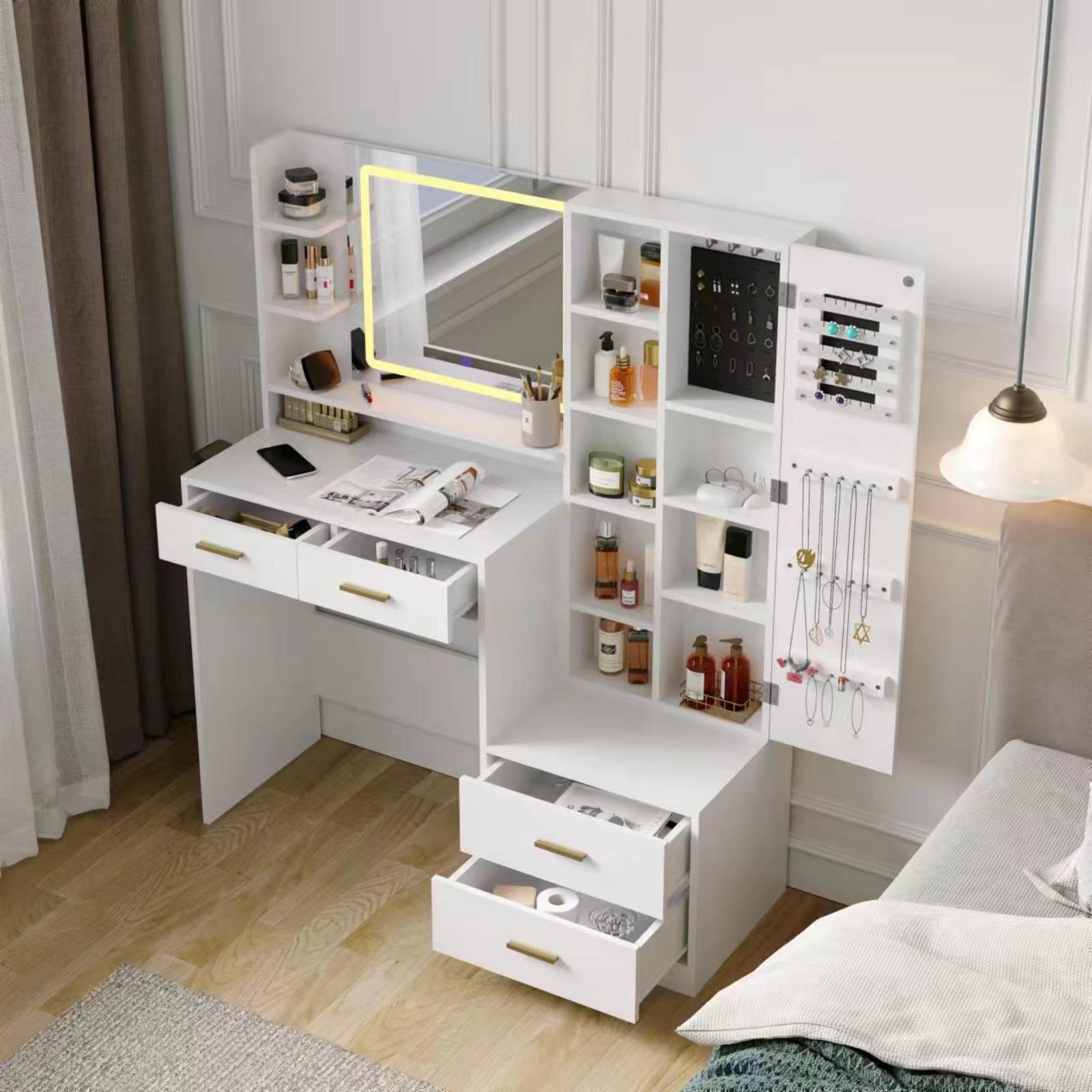 ChVans Makeup Vanity Desk with LED Lighted Mirror & Power Outlet, 45'' Modern Vanity Desk with Jewelry Cabinet, 4 Drawers, Lots Storage Shelves & Adjustable Brightness for Women, Girls Gift