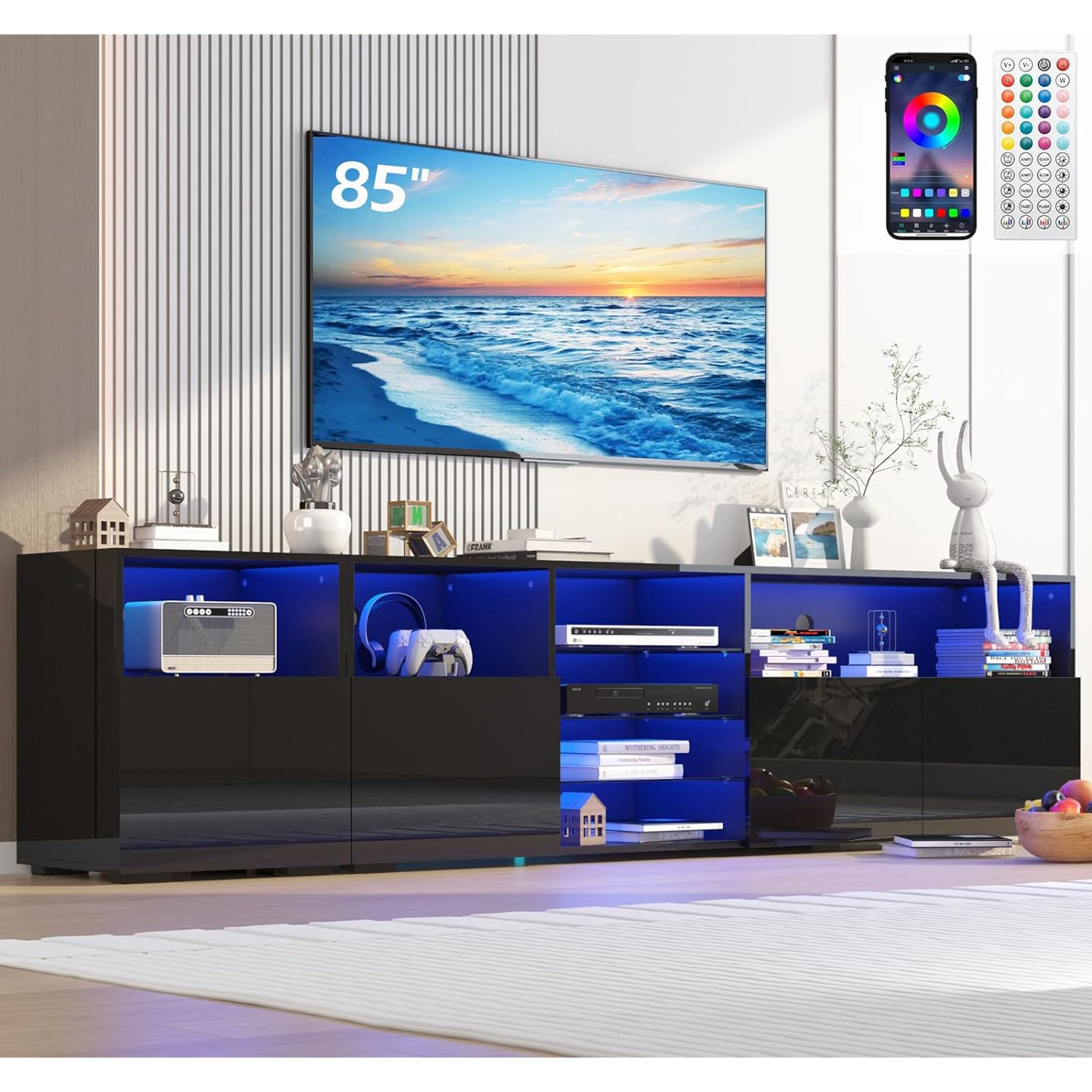 LED TV Stand for 80/85inch, High Glassy Modern TV Console Entertainment Center with LED Lights and Cabinets for Living Room, Bedroom