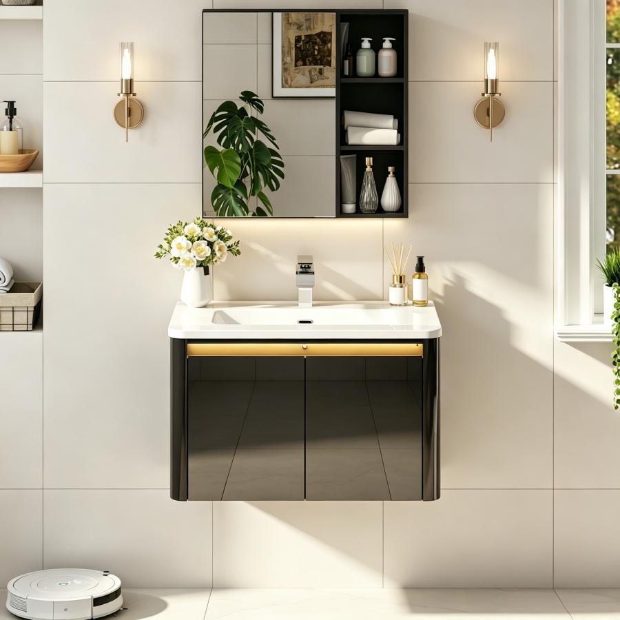 36 Inch Wall Mounted Bathroom Vanity with Sink and Mirror Cabinet,Modern Floating Bathroom Storage Cabinet with 2 Drawers and Soft Closing Door