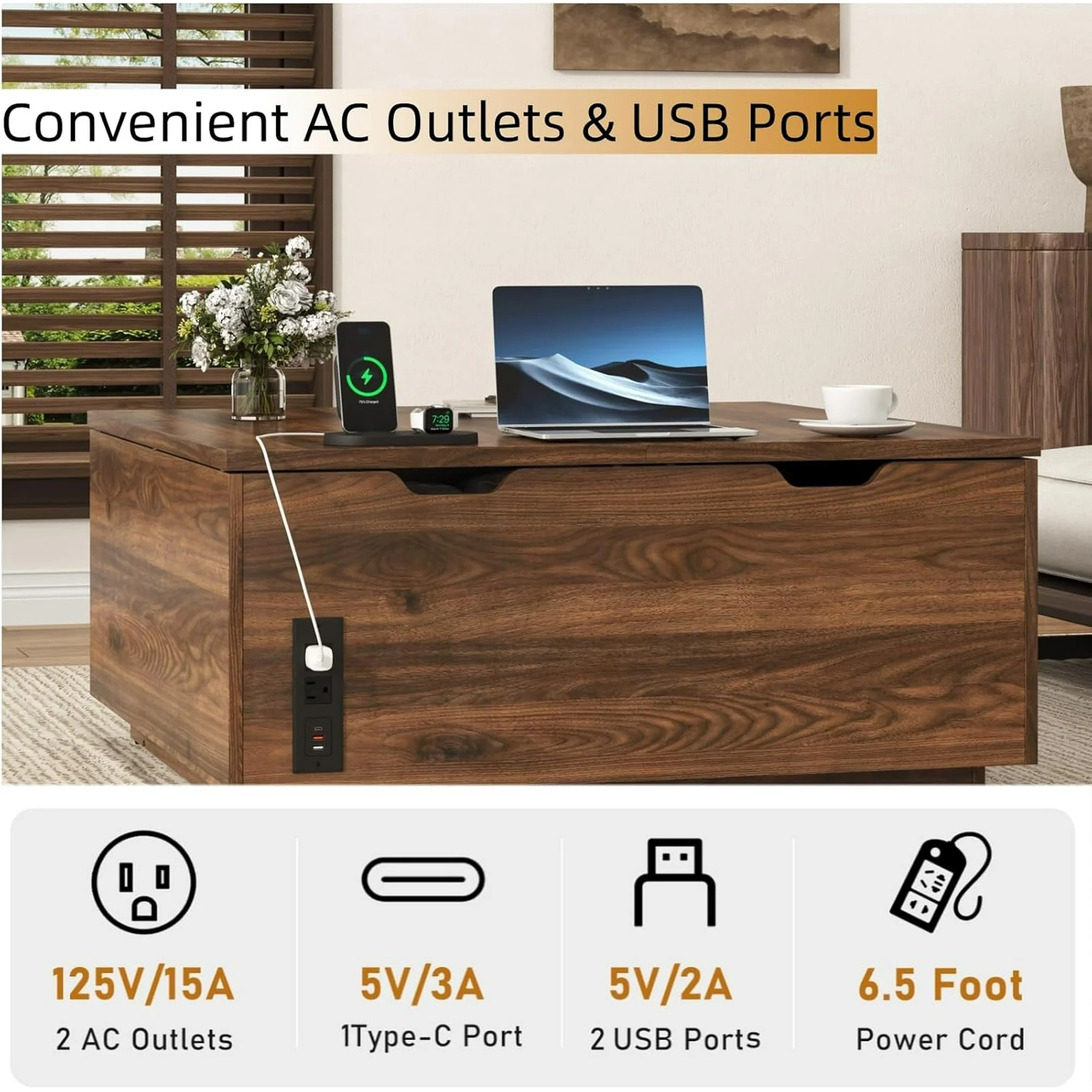 Lift Top Coffee Table with Led Light and Charging Station, 36" Modern Walnut finish Coffee Table with Large Hidden Space, Square Center Coffee Tables for Living Room, Office