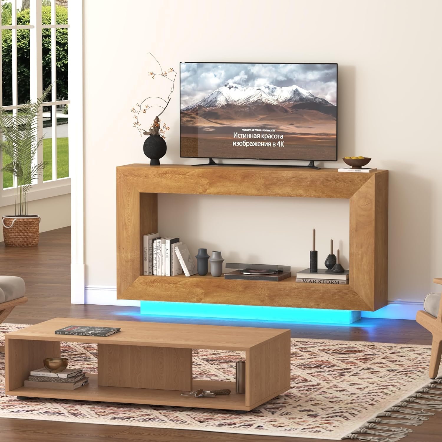 63" Long Farmhouse Console Table, Wood Entryway Accent Table with Storage & LED Lights, Floating Design for Living Room, Entrance, Hallway, Foyer