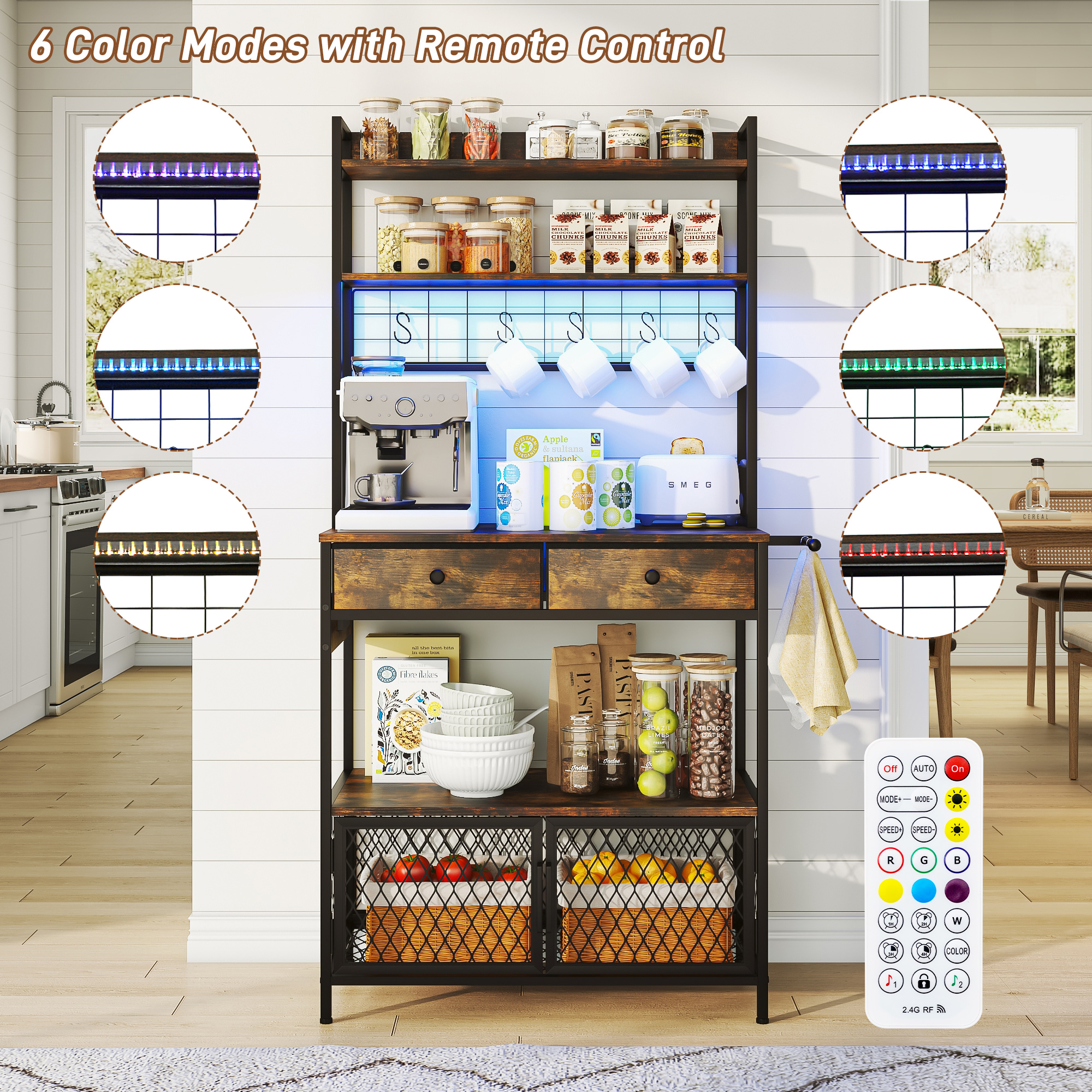 61" Bakers Rack with LED light & Power Outlets, 5 Tier Microwave Stand with Storage Cabinet and Drawers