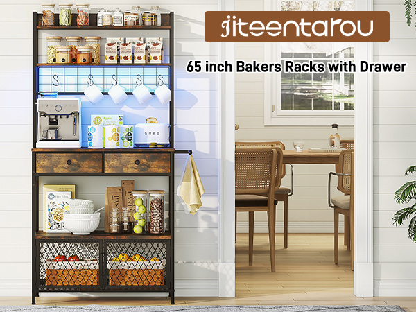 61" Bakers Rack with LED light & Power Outlets, 5 Tier Microwave Stand with Storage Cabinet and Drawers