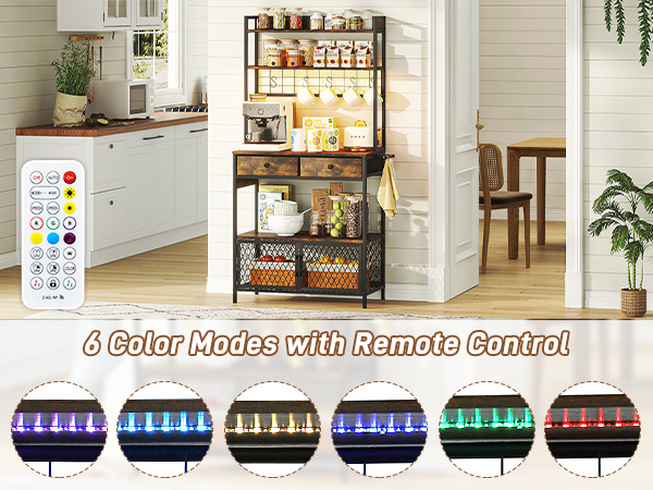 61" Bakers Rack with LED light & Power Outlets, 5 Tier Microwave Stand with Storage Cabinet and Drawers