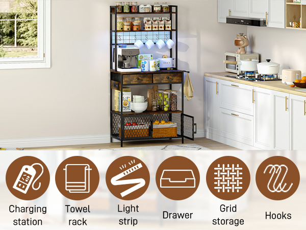 61" Bakers Rack with LED light & Power Outlets, 5 Tier Microwave Stand with Storage Cabinet and Drawers