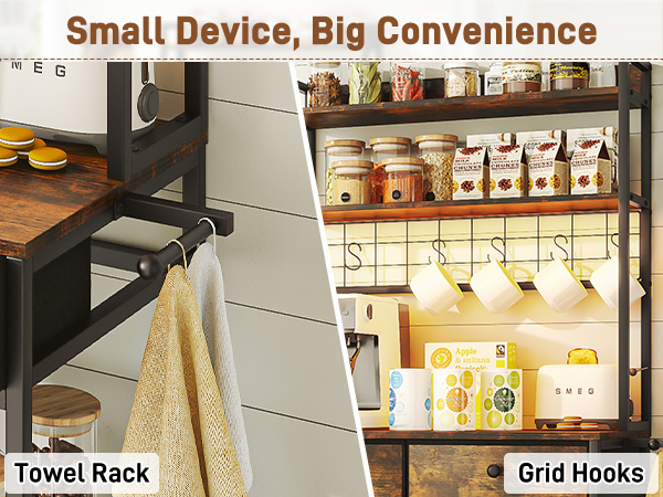 61" Bakers Rack with LED light & Power Outlets, 5 Tier Microwave Stand with Storage Cabinet and Drawers