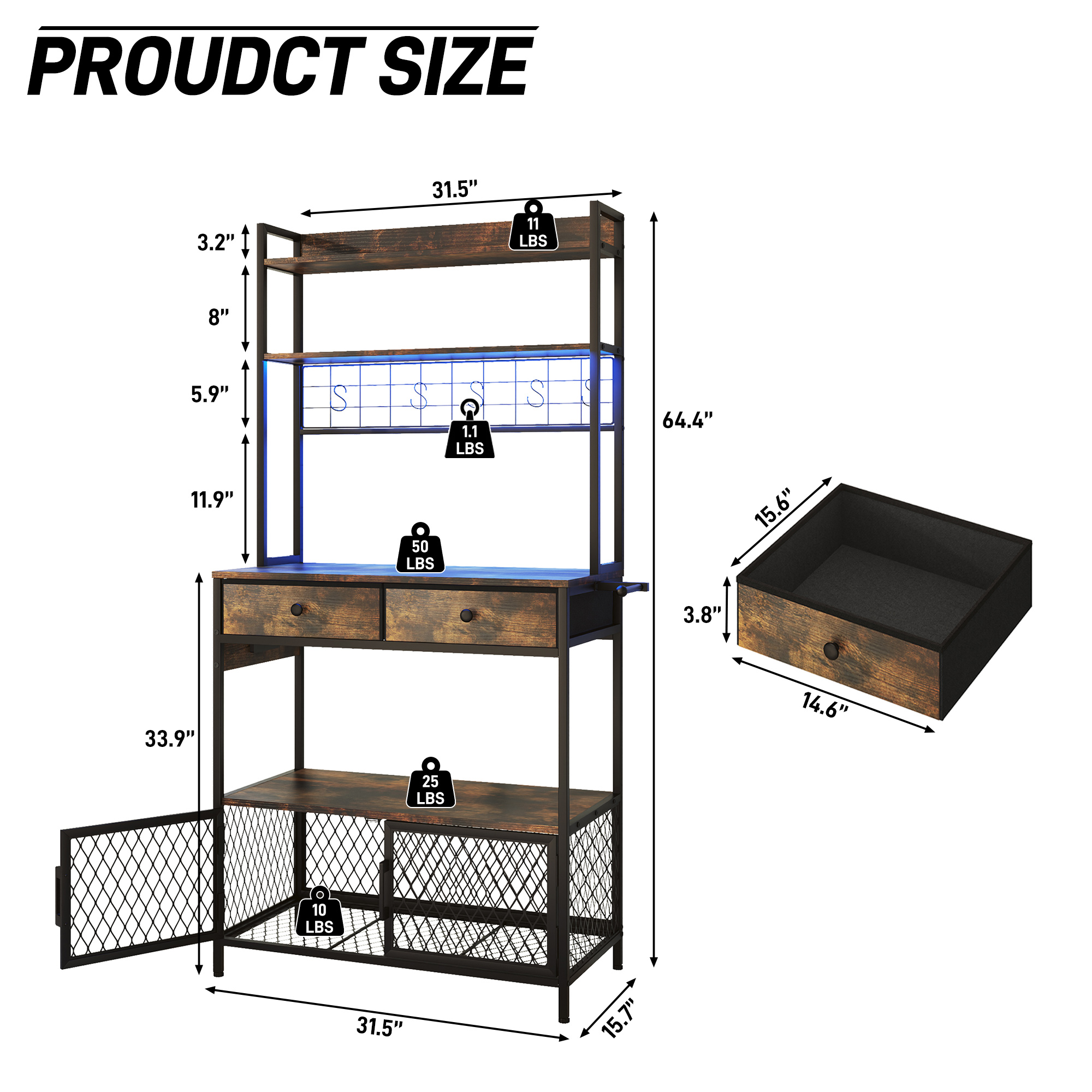 61" Bakers Rack with LED light & Power Outlets, 5 Tier Microwave Stand with Storage Cabinet and Drawers