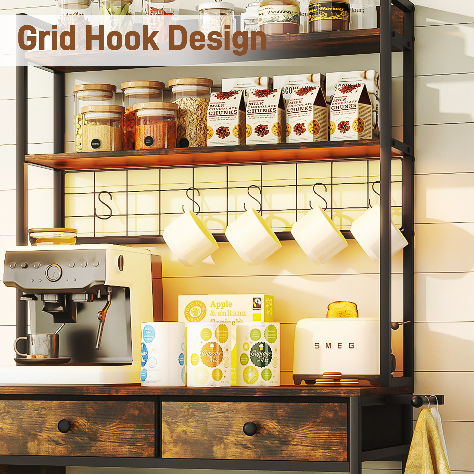 61" Bakers Rack with LED light & Power Outlets, 5 Tier Microwave Stand with Storage Cabinet and Drawers